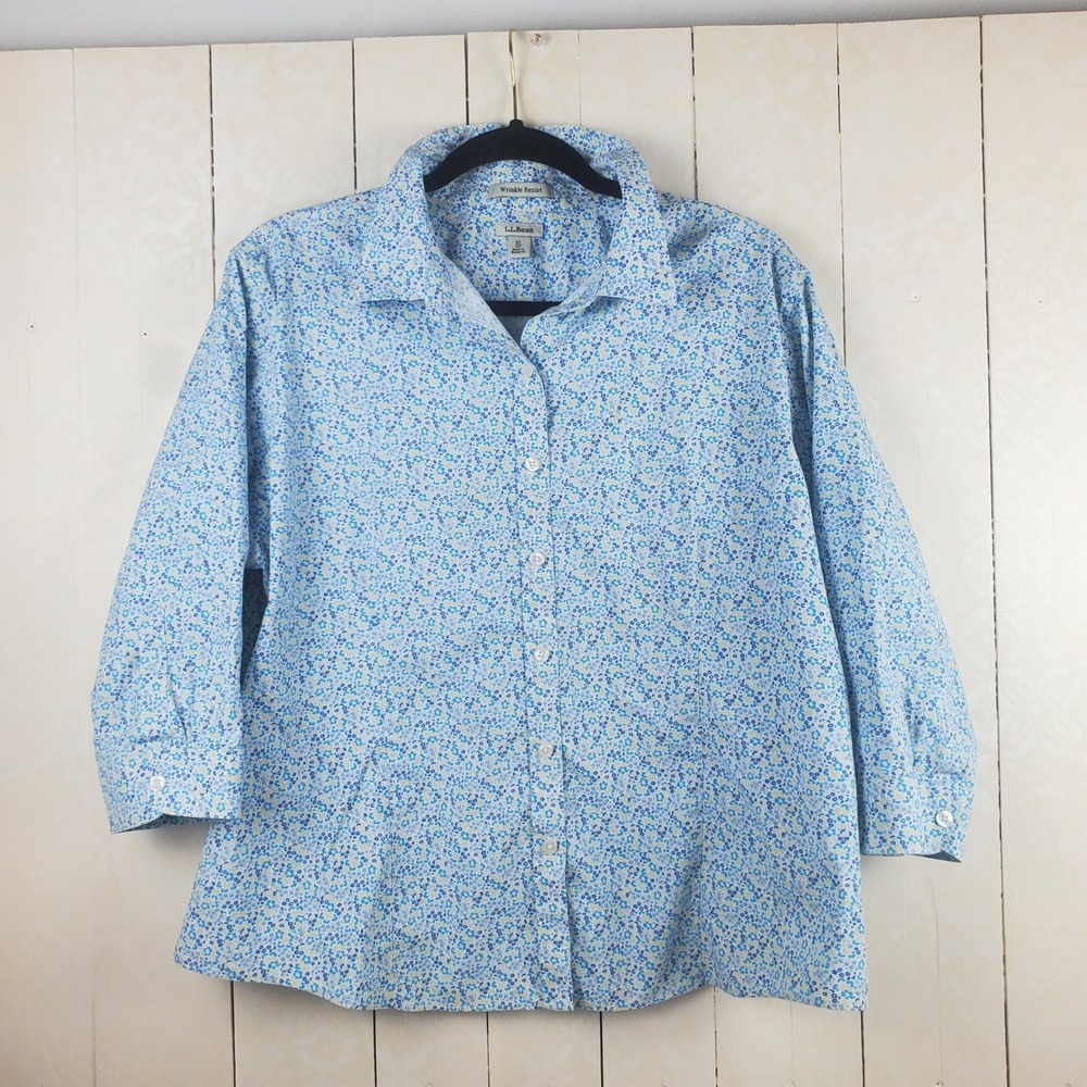 L.L.Bean 100% Cotton Button Up Women XL Petite Blue Floral Wrinkle Resist Shirt